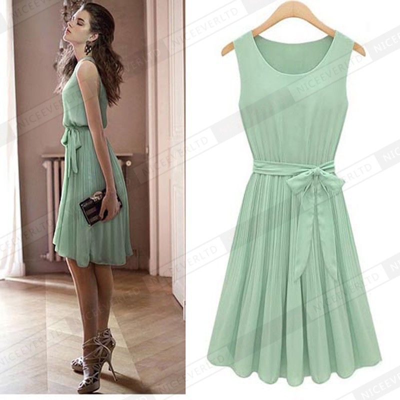 Korea style Women's Sleeveless Crew Casual Chiffon Pleated Mini dress ...